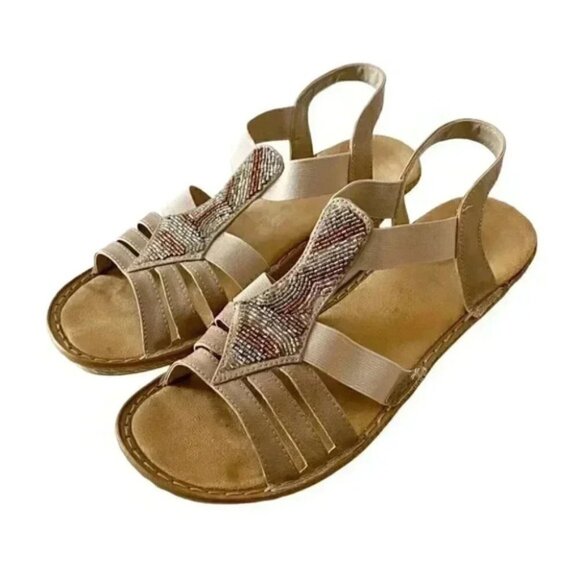 Rieker Comfort Wedge Walking Sandals Strappy Beaded Tan Size EU40 US9 - Picture 1 of 13